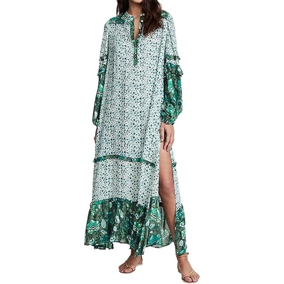Retro Bohemian Green and White Floral Flowy Beach Vacation Maxi Dress Size XL - Picture 4 of 10